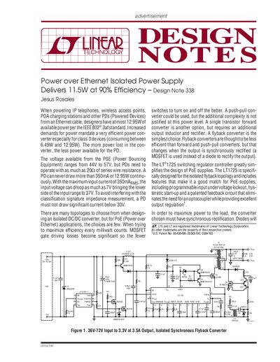 LINDAR Power over Ethernet Isolated Power Supply Delivers 11.5W at 90% Efficiency Design Note 338 handbook - cover page