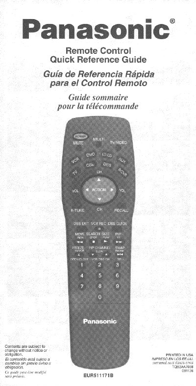Panasonic EUR511171B Remote Control Quick Reference Guide - cover page