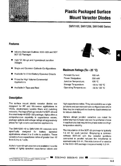 Alpha Industries SMV1100/1200/1400 Series Plastic Packaged Surface Mount Varactor Diodes Datasheet - cover page