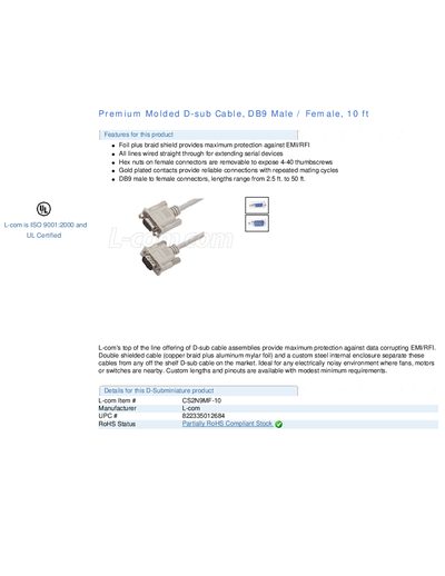 Premium Molded D-sub Cable DB9 Male Female 10 ft - cover page