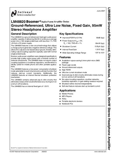 NATIONAL SEMICONDUCTOR LM48820 Ground-Referenced Ultra Low Noise Fixed Gain 95mW Stereo Headphone Amplifier handbook - cover page
