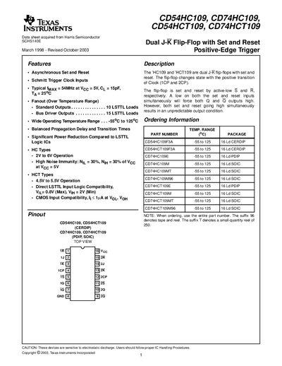TEXAS INSTRUMENTS CD54HC109 CD74HC109 CD54HCT109 CD74HCT109 Dual J-K Flip-Flop with Set Reset Positive-Edge Trigger handbook - cover page