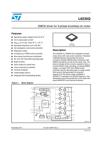 STMicroelectronics L6235Q 3-Phase Brushless DC Motor DMOS Driver Datasheet