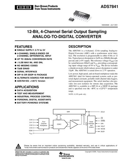 Texas Instruments ADS7841 Analog-to-Digital Converter Datasheet - cover page