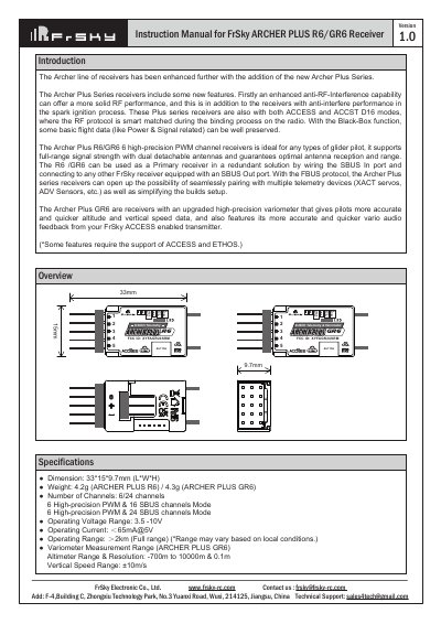 FrSky ARCHER PLUS R6/GR6 Receiver Instruction Manual