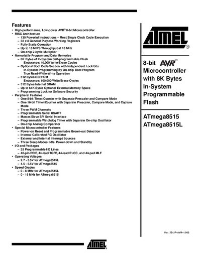 ATMEL ATmega8515/ATmega8515L Manual - cover page
