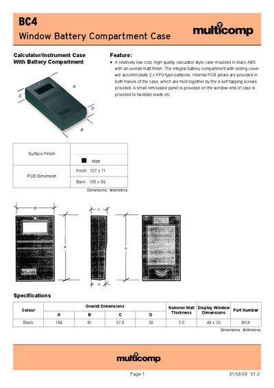 Multicomp BC4 Window Battery Compartment Case Datasheet - cover page