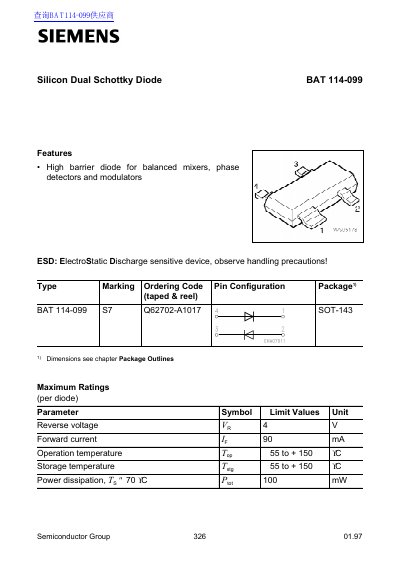 Siemens BAT 114-099 Silicon Dual Schottky Diode Datasheet - cover page