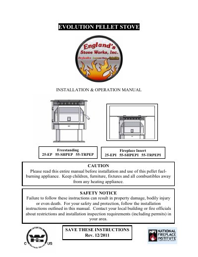 EVOLUTION PELLET STOVE 25-EP/55-SHPEP/55-TRPEP/25-EPI/55-SHPEPI/55-TRPEPI INSTALLATION OPERATION MANUAL - cover page