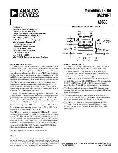 Analog Devices AD669 16‑Bit DAC Data Sheet - cover page