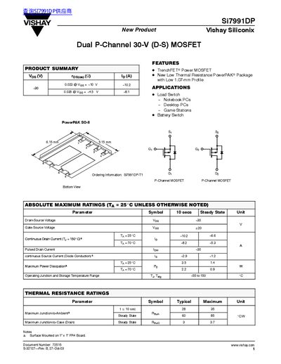 Vishay Siliconix Si7991DP Dual P-Channel MOSFET Datasheet - cover page
