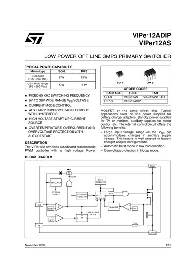 STMicroelectronics VIPer12ADIP / VIPer12AS Low Power Off-Line SMPS Primary Switcher Handbook - cover page