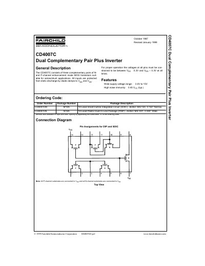 Fairchild CD4007C Dual Complementary Pair Plus Inverter Datasheet - cover page