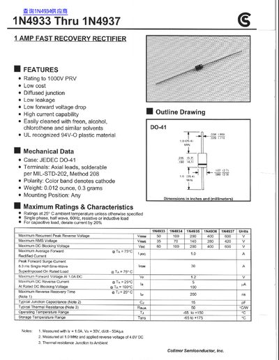 Collmer Semiconductor 1N4933-1N4937 Rectifier Datasheet - cover page