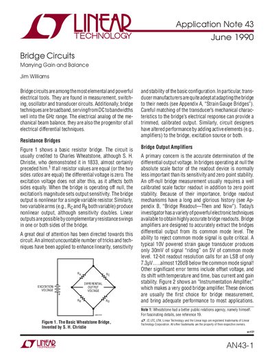 Linear Technology AN43 Bridge Circuits Marrying Gain and Balance Application Note - cover page