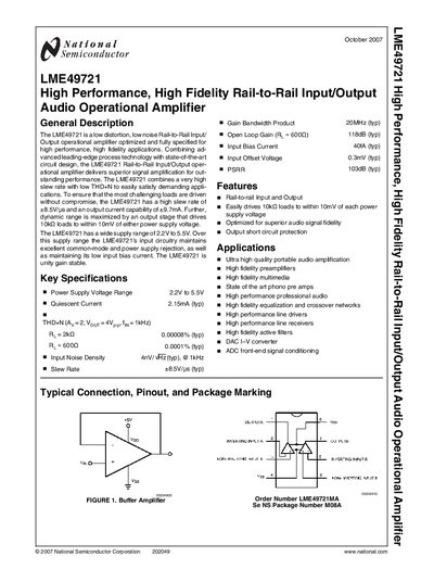 National Semiconductor LME49721 Audio Operational Amplifier Datasheet - cover page