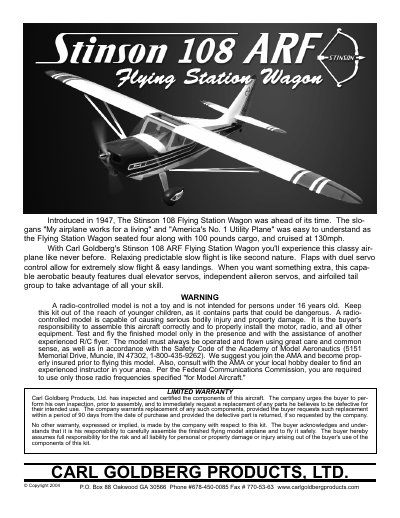 Carl Goldberg Products Stinson 108 ARF Flying Station Wagon User Manual - cover page