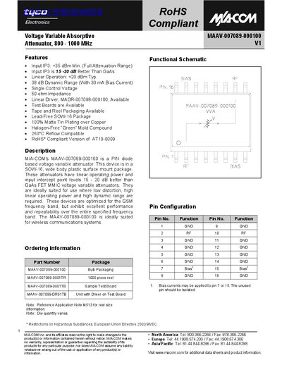 tyco Electronics Voltage Variable Absorptive Attenuator 800 - 1000 MHz - cover page