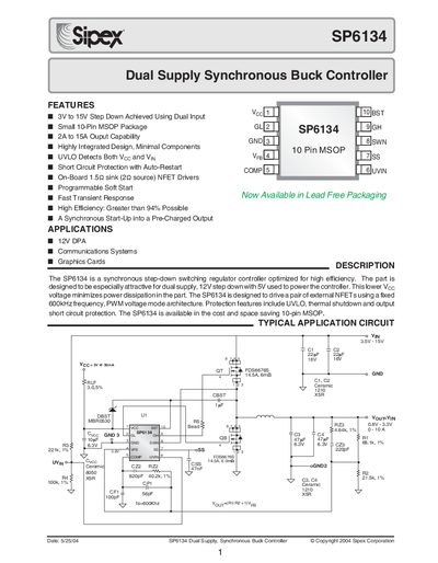 Sipex SP6134 Dual Supply Synchronous Buck Controller Datasheet - cover page