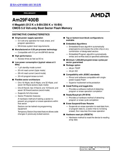 AMD Am29F400B 4 Megabit Flash Memory Datasheet - cover page
