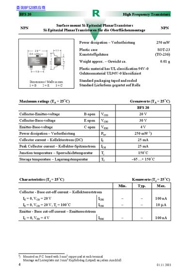 BFS 20 High Frequency Transistor Datasheet - cover page