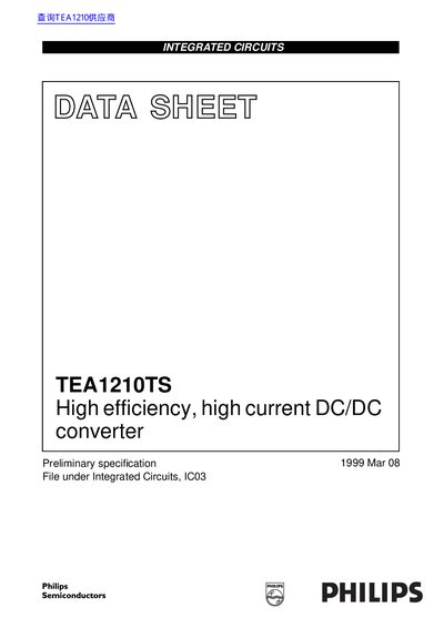 Philips TEA1210TS High Efficiency DC/DC Converter Datasheet - cover page