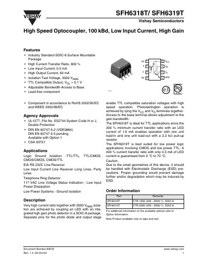 Vishay SFH6318T/SFH6319T Optocoupler Datasheet - cover page