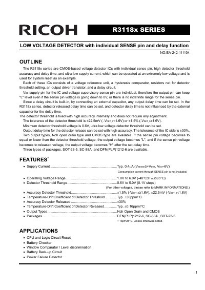 Ricoh R3118x Series Low Voltage Detector Datasheet - cover page