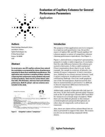 Evaluation of Capillary Columns for General Performance Parameters Application Note - cover page