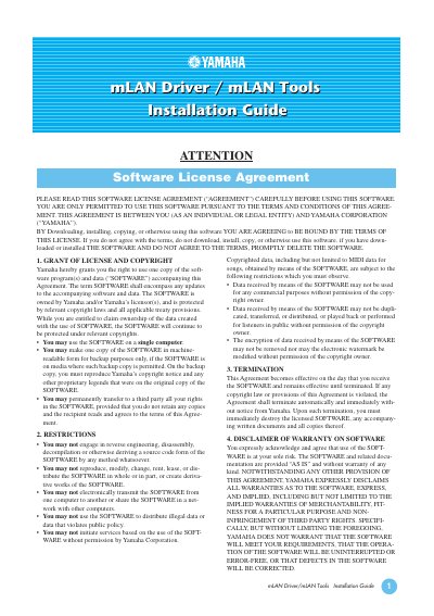 Yamaha mLAN Driver/mLAN Tools Installation Guide - cover page