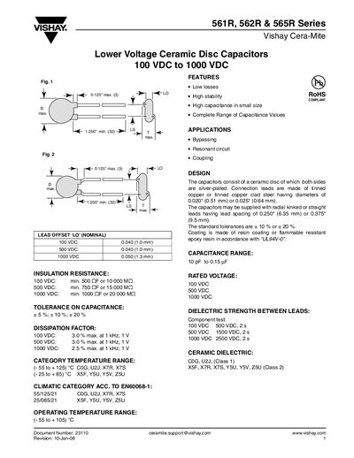 VISHAY CERA-MITE 561R 562R 565R Series Lower Voltage Ceramic Disc Capacitors 100 VDC to 1000 VDC handbook - cover page
