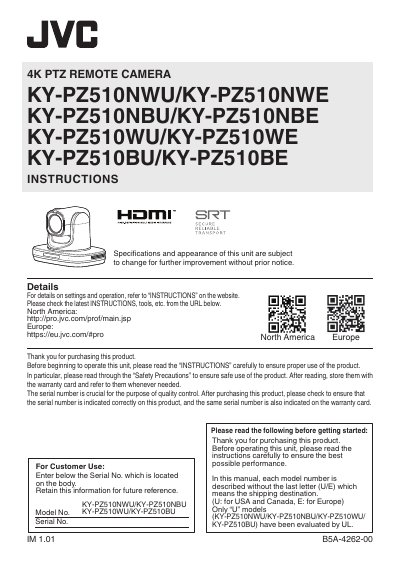 JVC KY-PZ510NWU/KY-PZ510NBU/KY-PZ510WU/KY-PZ510BU 4K PTZ Remote Camera User Manual - cover page