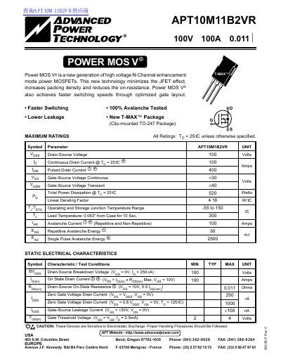 ADVANCED POWER TECHNOLOGY APT10M11B2VR 100V 100A 0.011 handbook - cover page