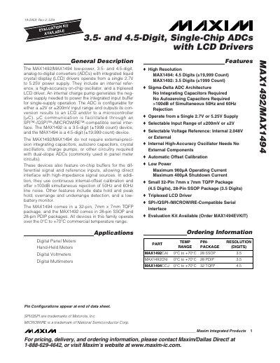 Maxim MAX1492/MAX1494 ADC Datasheet - cover page
