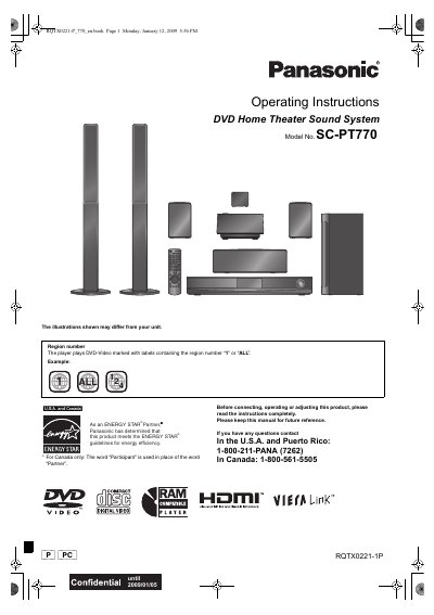 Panasonic SC-PT770 DVD Home Theater Sound System Operating Instructions - cover page