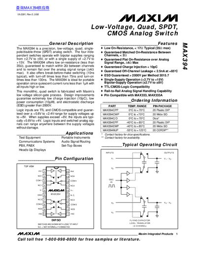Maxim MAX394 Low-Voltage Quad SPDT CMOS Analog Switch Datasheet - cover page