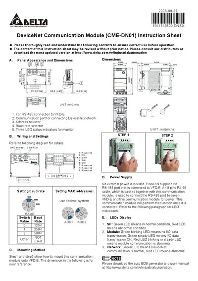 Delta CME-DN01 Communication Module Instruction Manual