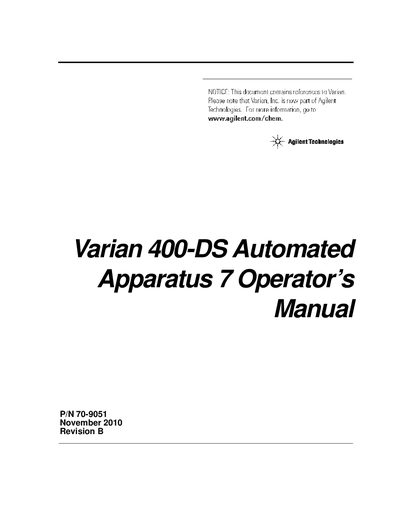 Agilent Technologies Varian 400-DS Automated Apparatus 7 Operator's Manual - cover page