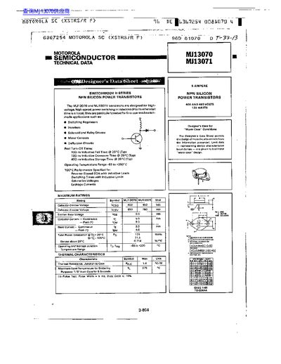 Motorola MJ13070 MJ13071 NPN Silicon Power Transistor Datasheet - cover page