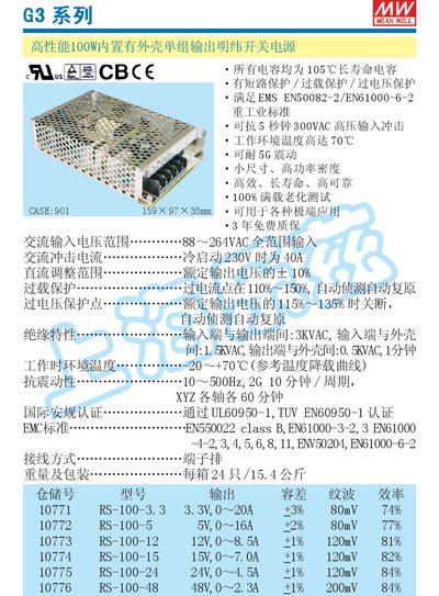 G3 Series 100W Switch Power Supply Manual - cover page