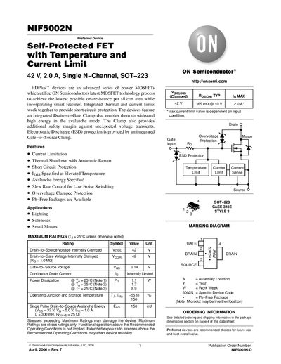 ON Semiconductor NIF5002N Self Protected FET with Temperature and Current Limit Datasheet - cover page
