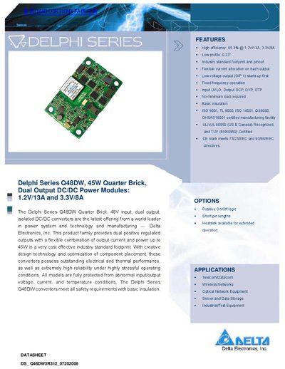 Delta Electronics Q48DW3R312 Dual Output DC/DC Power Module Datasheet - cover page