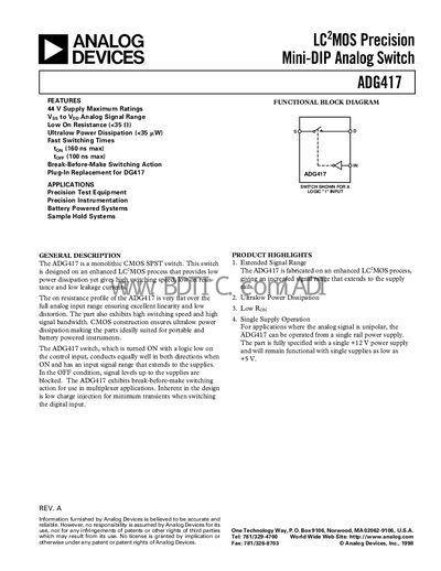 Analog Devices ADG417 Analog Switch Datasheet - cover page