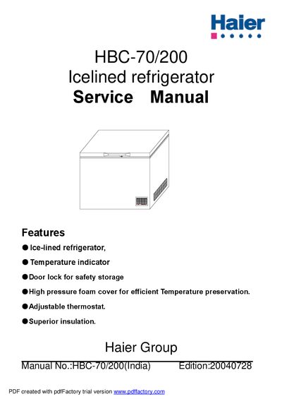 Haier HBC-70/200 Ice-lined Refrigerator Service Manual - cover page