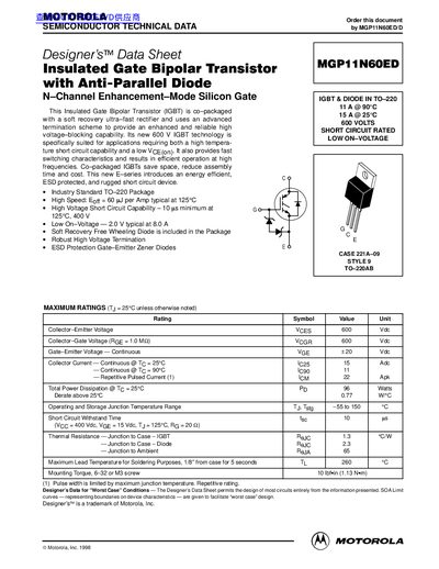Motorola MGP11N60ED IGBT Datasheet - cover page