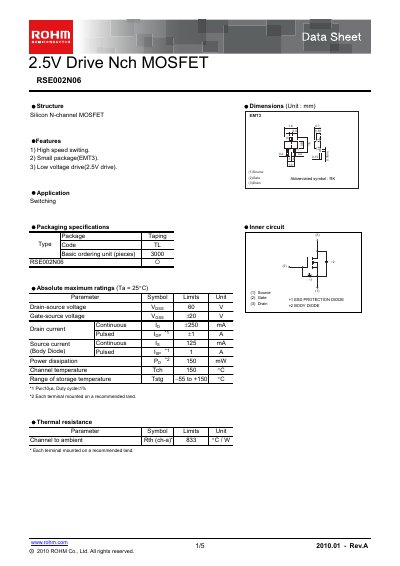 ROHM RSE002N06 MOSFET Data Sheet - cover page