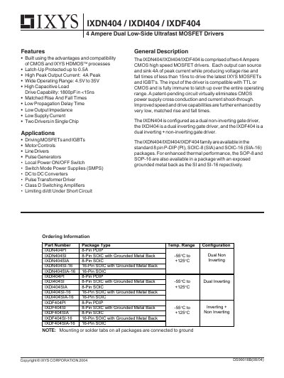 IXYS IXDN404/IXDI404/IXDF404 4 A Dual Low‑Side Ultrafast MOSFET Driver Datasheet - cover page