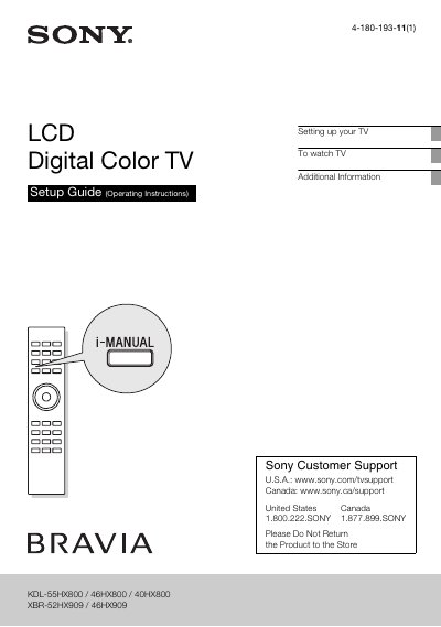 Sony BRAVIA KDL-55HX800 / 46HX800 / 40HX800 / XBR-52HX909 / 46HX909 User Manual - cover page