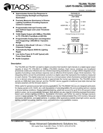 TAOS TSL2560 and TSL2561 Light‑to‑Digital Converter Datasheet - cover page