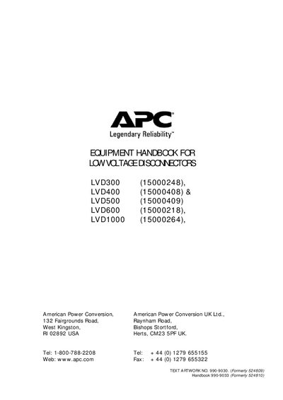 APC LVD300/LVD400/LVD500/LVD600/LVD1000 Low Voltage Disconnectors Equipment Handbook - cover page